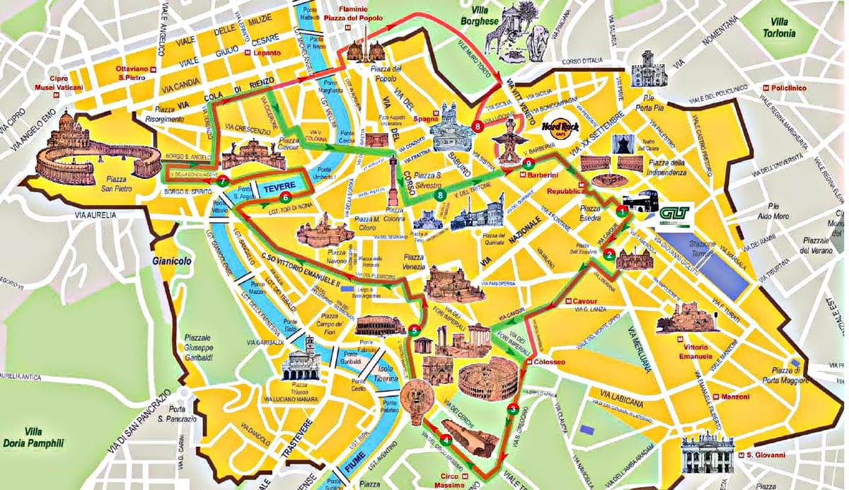 Řím hop on hop off bus tour mapa trasy