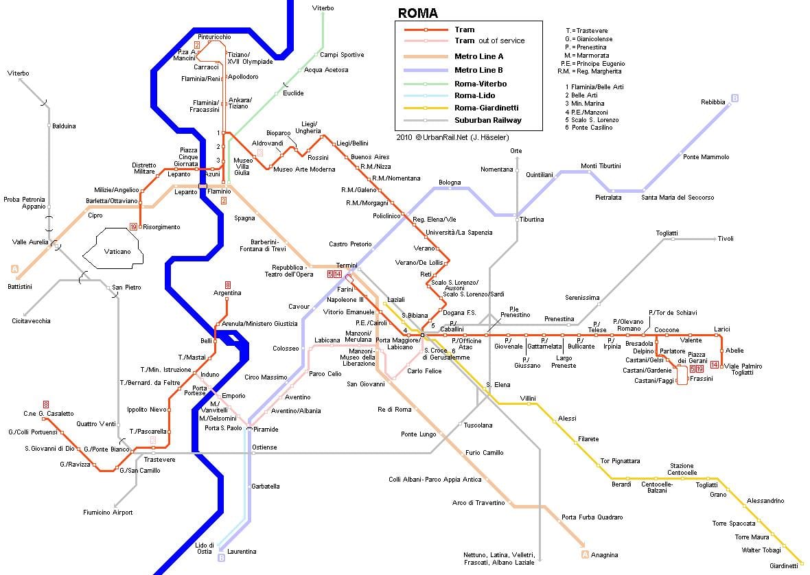 tramvaj mapa Řím, Itálie