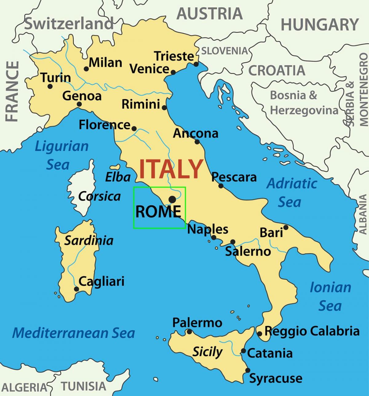 mapa Itálie ukazuje Řím