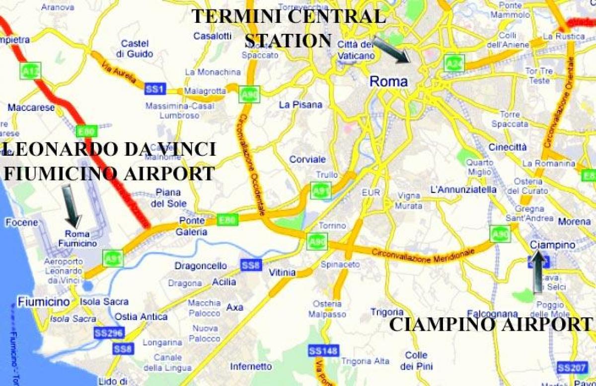 mapa Říma ukazuje letišť