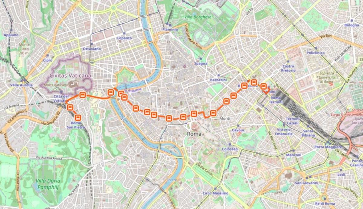 Mapa Říma autobusem 64 trasu